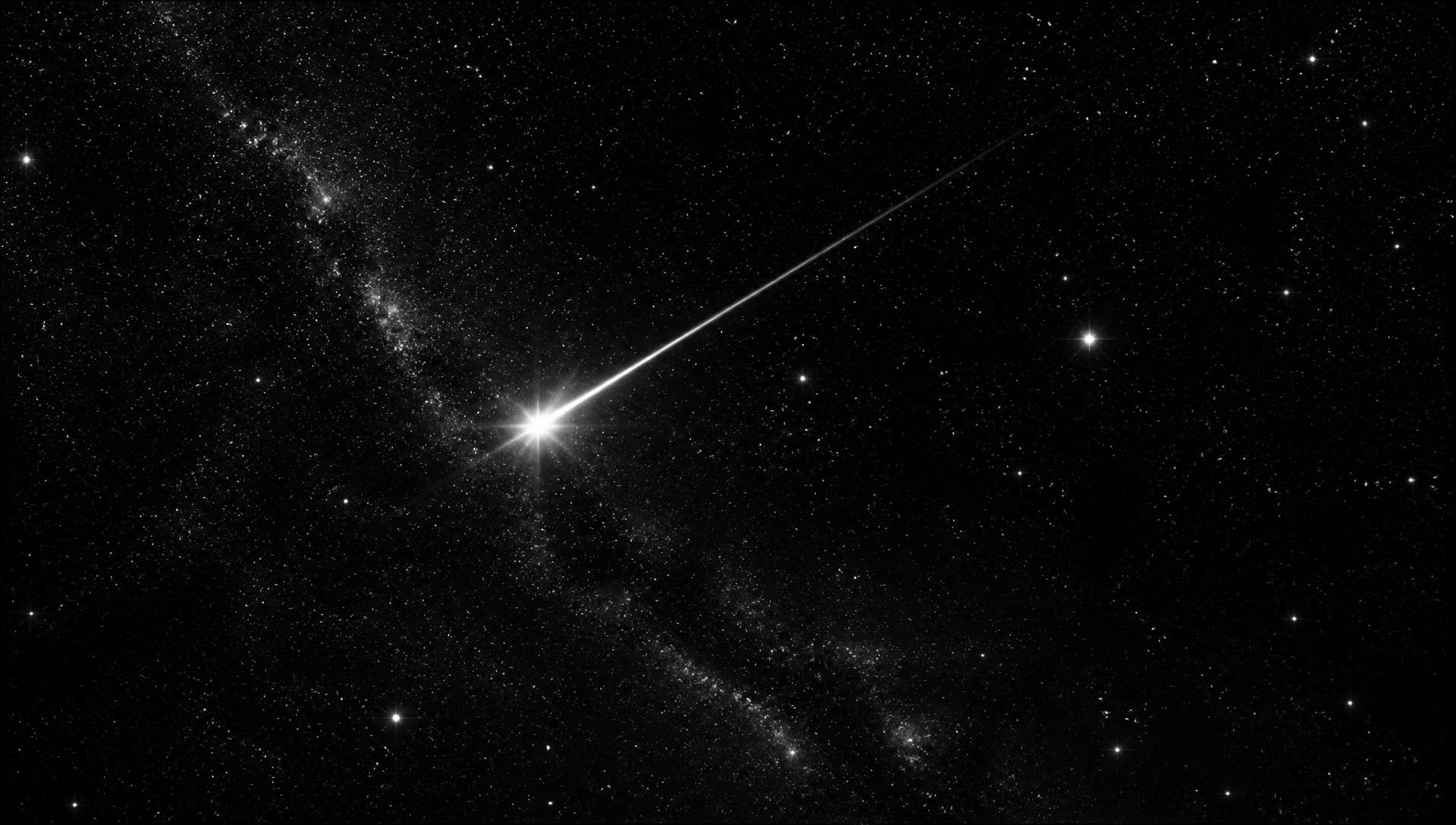 Céu estrelado em preto e branco com uma estrela cadente